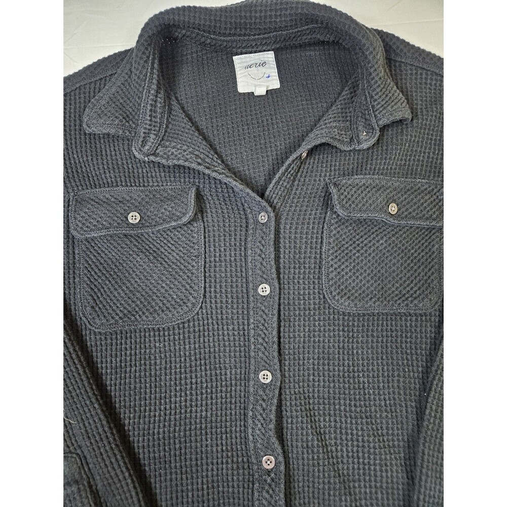 Aerie Shirt Women Medium Black Lumber Jane Waffle Thermal Oversize Shacket Chore